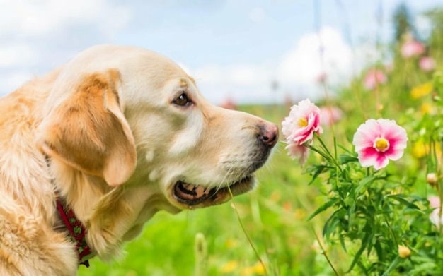 Golden Retriever-Hund riecht eine rosa Blume