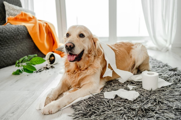 Golden Retriever Hund spielt mit Toilettenpapier