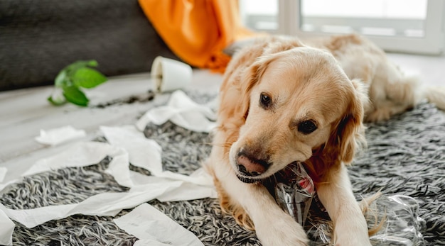 Golden Retriever Hund spielt mit Toilettenpapier