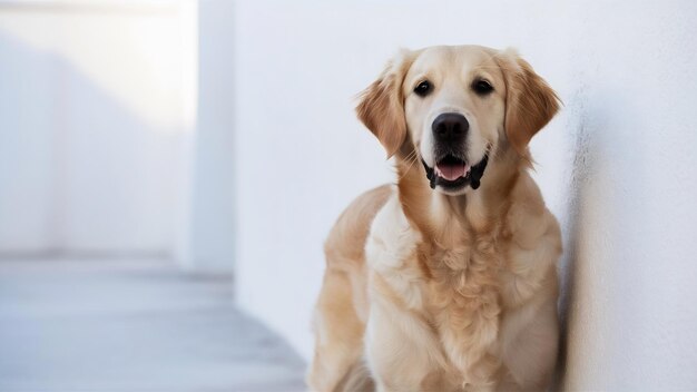 El golden retriever inglés de crema aislado en la pared blanca