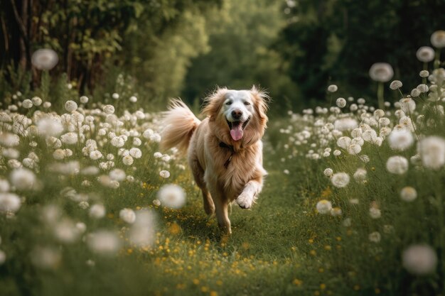 Golden Retriever jugando en el campo con flores generativo IA