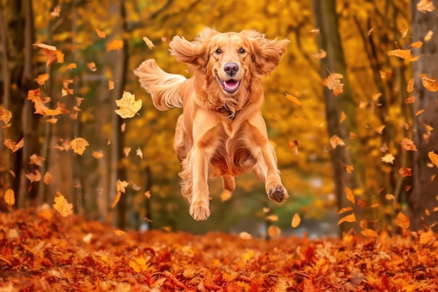 Un golden retriever jugando en hojas de otoño y bosques IA generativa