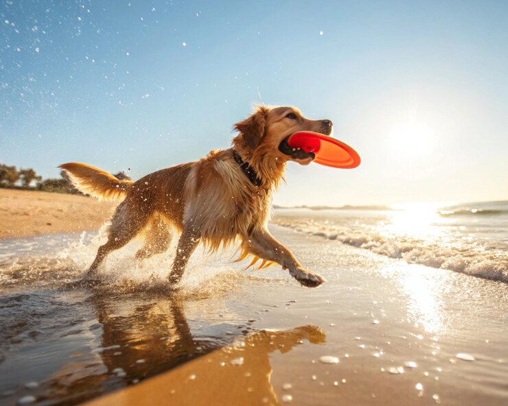 Golden Retriever jugando en la playa