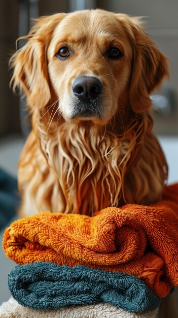 Foto golden retriever junto con toallas plegadas