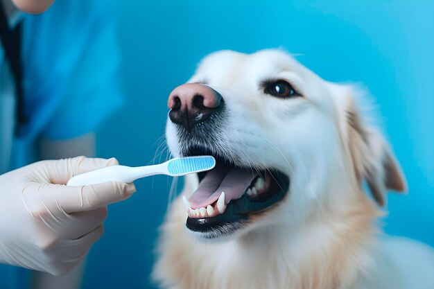 Golden Retriever limpiándose los dientes El aseo y cuidado del perro generado por la IA