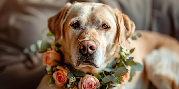 El golden retriever lleva una elegante guirnalda floral