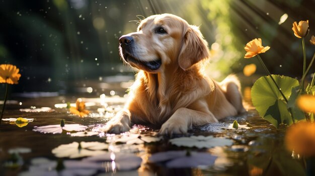 Golden retriever nadando canino estanque de lotos imagen de agua Arte generado por IA