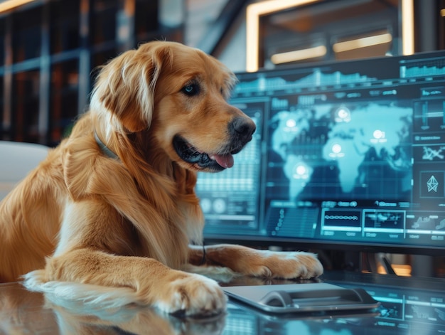 Golden Retriever en la oficina de un CEO navegando por lo último en la tecnología blockchain en una pantalla futurista