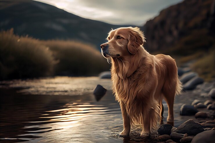 Golden Retriever en la orilla de un lago al atardecer generativo ai