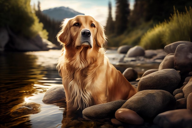 Golden Retriever en la orilla de un lago al atardecer generativo ai