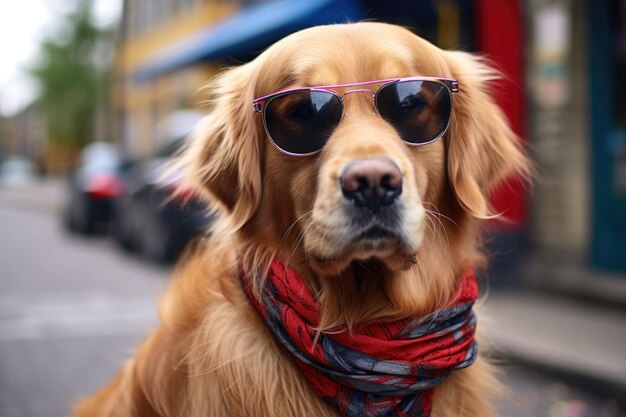 Un golden retriever con un pañuelo hipster alrededor del cuello