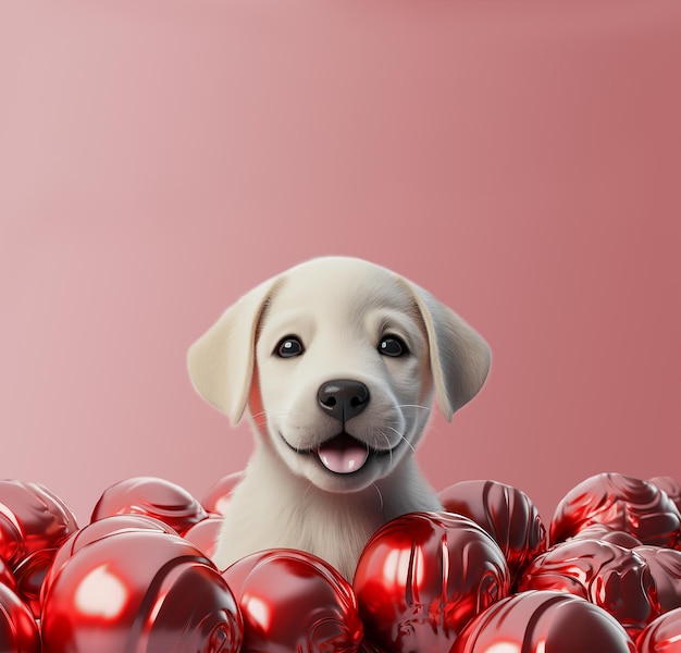 Foto golden retriever con una pequeña bola roja