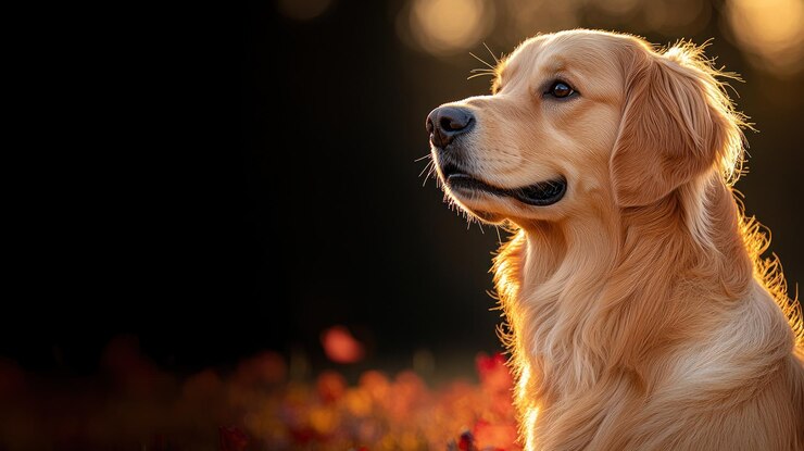 El golden retriever en la puesta de sol de otoño