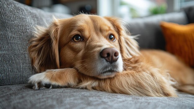 Un golden retriever relajándose en un cómodo sofá