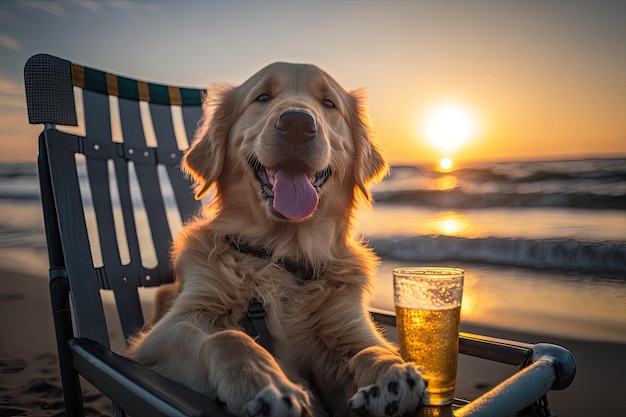 Golden Retriever relaxando com estilo na cadeira de praia com bebida e óculos de sol generativa AI