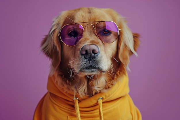 Golden Retriever con ropa y gafas de sol en un fondo púrpura