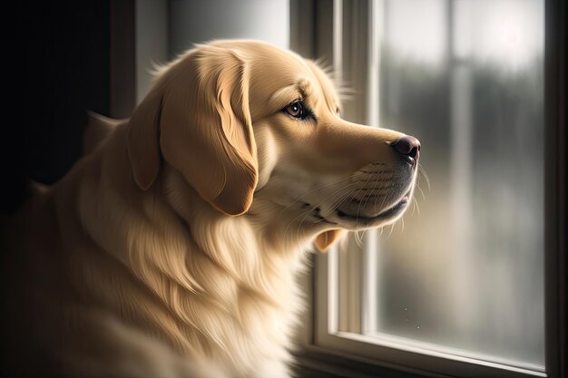 Golden Retriever schaut aus dem Fenster