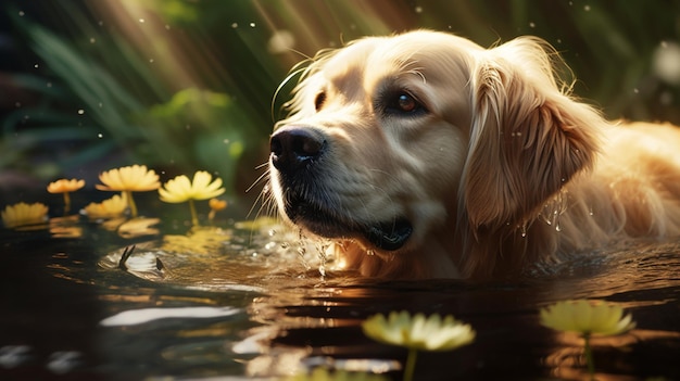 Golden Retriever schwimmender Hund, Lotusteich, Wasserbild, KI-generierte Kunst