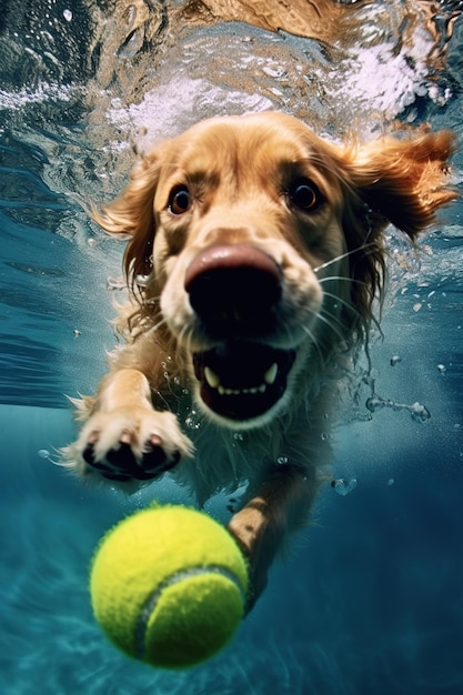 Golden Retriever schwimmt mit einem Tennisball im Pool