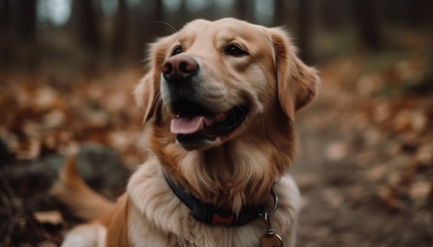 Golden retriever sentado na grama olhando para a câmera com felicidade gerada pela IA