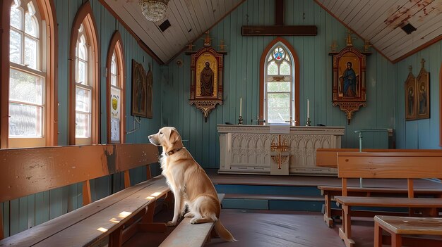 Un golden retriever se sienta en un banco de madera en una pequeña iglesia rústica la iglesia está iluminada por la luz del sol que entra a través de las vidrieras