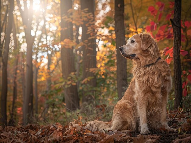 El golden retriever se sienta con gracia en un denso bosque