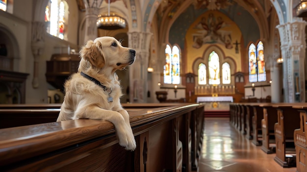 Foto un golden retriever se sienta en una iglesia mirando hacia arriba a las vidrieras el perro lleva un collar con una etiqueta