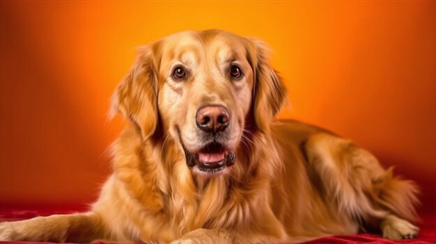 Foto golden retriever sobre un fondo naranja