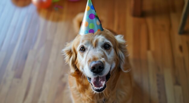 un golden retriever con un sombrero de cumpleaños