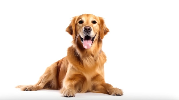 Foto golden retriever sonriente acostado en una postura pacífica ia generativa