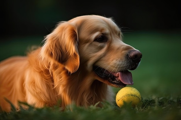 Golden Retriever spielt mit einem Tennisball im Park. KI-generiert