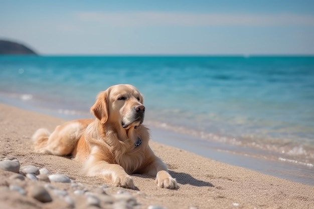 Un golden retriever tirado en la playa