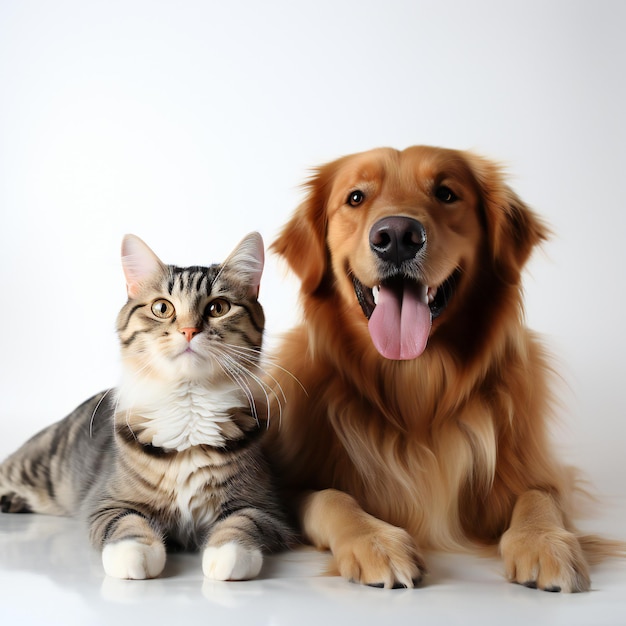 Golden Retriever und Ginger Katze vor weißem Hintergrund