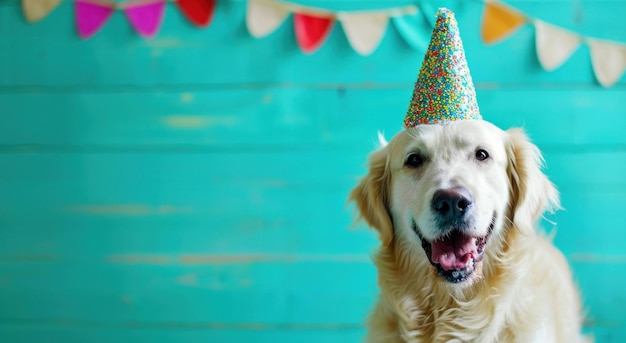 Foto golden retriever vestindo bolo de aniversário ao fundo