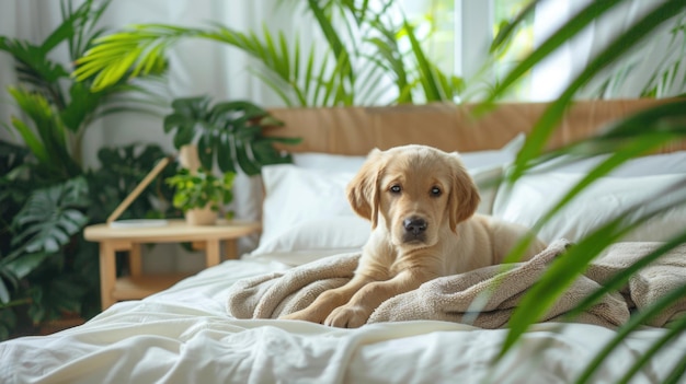 Golden Retriever Welpe liegt auf einem Bett mit einer gestrickten Decke in einer Indoor-Umgebung mit üppigen Hauspflanzen