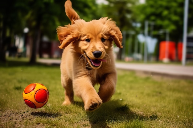 Golden Retriever Welpe spielt Apportieren in einem Park