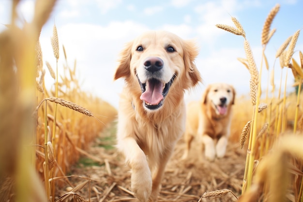 Golden retrievers corriendo por un campo de maíz