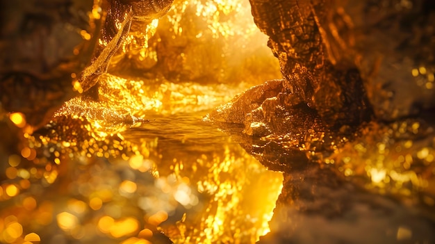Golden River in einer Höhle mit flüssiger Lichtemulsion und Kristallen