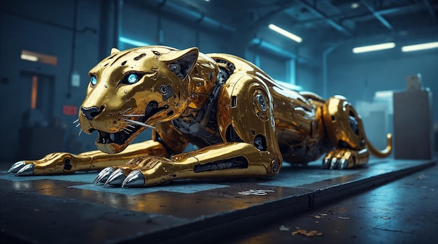 Golden Robotic Cheetah in Cyberpunk Workshop