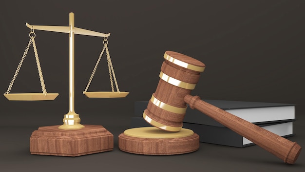 Golden Scales of Justice con Judgment Hammer y Law Booksfair juicio bajo el tribunal de justicia para juzgar la representación 3d