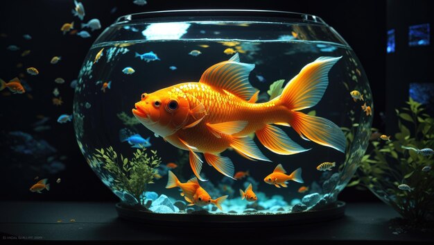 Golden Solitude Uma pintura digital altamente detalhada de um peixinho dourado em um reino escuro