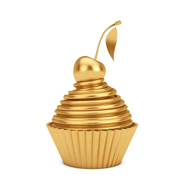 Golden Sundae Ice Cream Cupcake mit Kirsche auf weißem Hintergrund 3D-Rendering