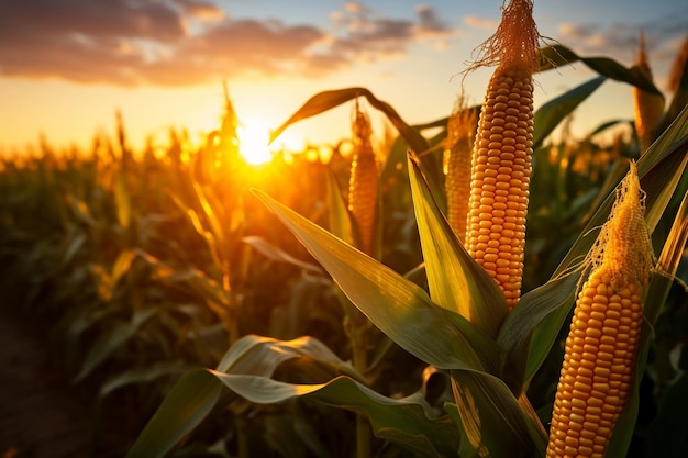 Golden Sunrise in einer Maisplantage KI