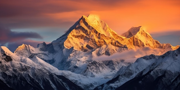 Golden Sunset Mountains Picos cobertos de neve banhados pelo brilho majestoso do crepúsculo