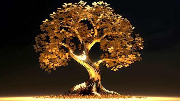 Golden Tree of Life Una escultura brillante y noble sobre una mesa que irradia energía positiva y semilla de duda