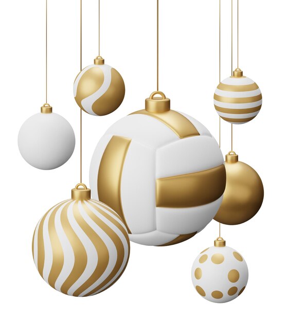 Golden Volleyball Hanging Christmas Balls 3d render ilustração isolada em fundo branco