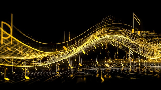 Golden Wavy Lines mit Licht-Effekt und Musiknoten auf schwarzem Hintergrund Ai generiert