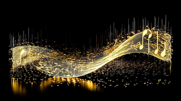 Golden Wavy Lines mit Licht-Effekt und Musiknoten auf schwarzem Hintergrund Ai generiert