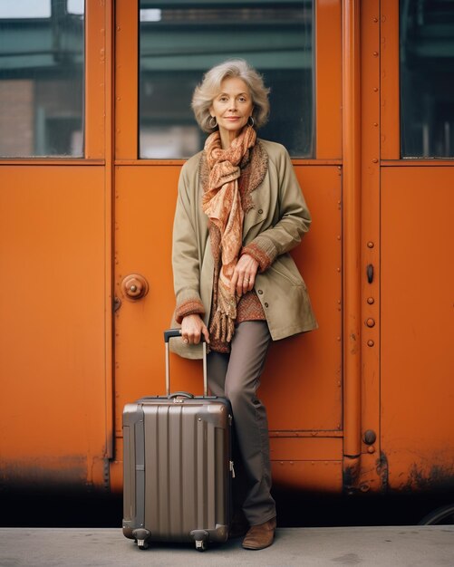 Foto golden years adventure la señora mayor se embarca en el tren naranja para un viaje de placer