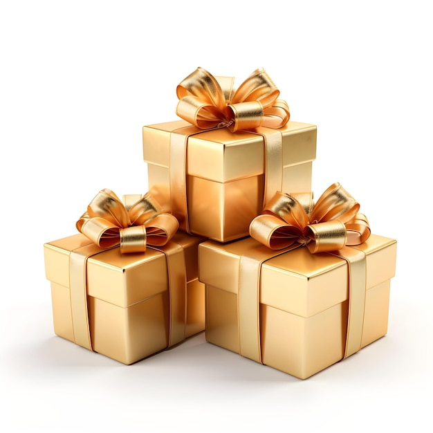 goldene 3D-Geschenkboxen und goldenes Band mit weißem Hintergrund